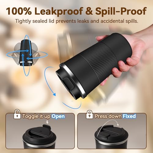 12OZ Travel Coffee Mug Insulated Coffee Cup with Spill Leak Proof Lid, Portable Stainless Steel Tumbler Reusable Hot and Cold Water Mug for Car, Daily, Camping-Black - Image 4