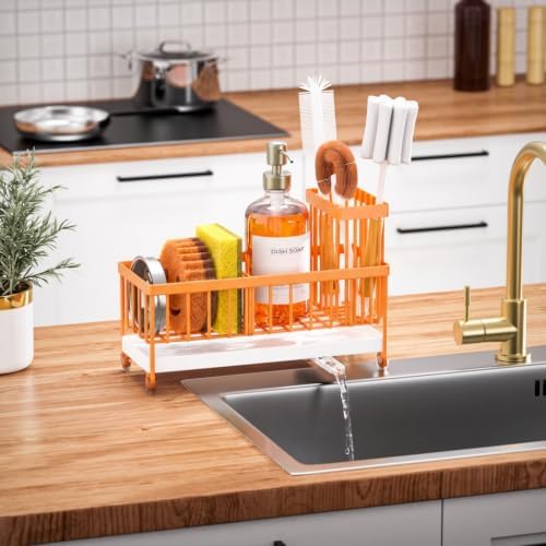 Cisily Sponge Holder for Kitchen Sink, Sink Caddy Organizer with High Brush Holder, Kitchen Countertop Organizers and Storage Essentials (Orange, 9.25″) - Image 6