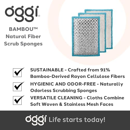 OGGI Bambou Odor-Free Scrubbing Sponges - Natural Scrub Sponges for Dishes, 91% Bamboo-Derived Rayon Cellulose Fiber, Reusable, Absorbent, Durable Scrubbers, Non-Scratch, Washable - 3 pcs, 7x4 - Image 7