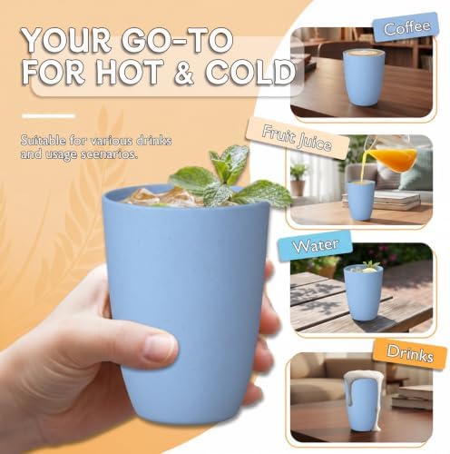 Wrova Wheat Straw Cups 6 PCS Good Alternative to Plastic Reusable Cups 12 oz Unbreakable Drinking Cup Reusable Dishwasher Safe Water Plastic Glasses Light Blue - Image 4