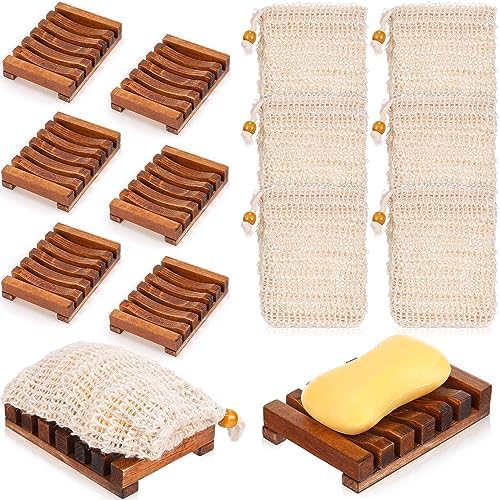 Mumufy 12 Pcs Bamboo Soap Dish Sisal Bag Drain,Brown,Bamboo by Mumufy