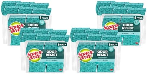 Scotch-Brite Odor Resist Heavy Duty Scrub Sponge,Dishwasher-Safe Kitchen sponges for Serious Scrubbing,Multipurpose Dish Sponge for Stuck-On Messes,6 Scrubbing Sponges,(Pack of 4) by Scotch-Brite