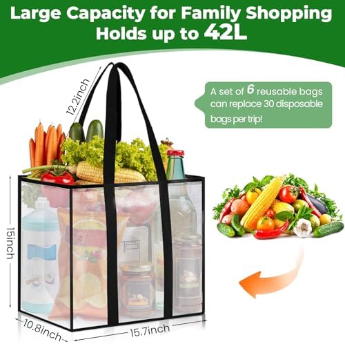 Reusable Grocery Bags, Clear Shopping Bags, 6 Pack, 42L - Image 3