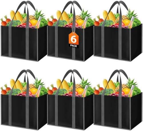 WISELIFE Reusable Grocery Bags, Foldable, Lasting Use, 35L, 6 Pack, Black by WiseLife