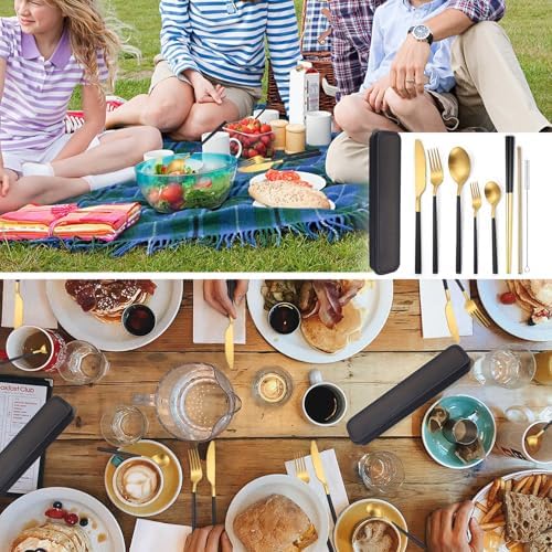 AARAINBOW 6 Pieces Stainless Steel Flatware Set Portable Reusable Cutlery Set Travel Utensils Set Including Chopsticks Knife Fork Spoon Straws Cleaning Brush Dishwasher Safe (B-Black golden) - Image 4
