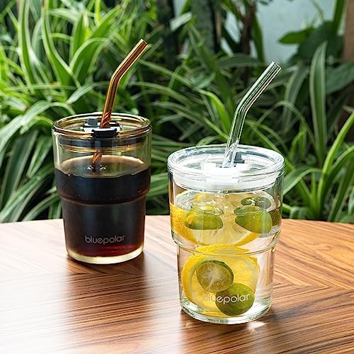 BLUEPOLAR 13oz/400ml Glass Water Tumbler with Straw and Lid Sealed Carry On Thick Wall Iced Coffee Cup Glass Cup for Water, Iced Tea Fruit Juice Etc (Amber) - Image 2