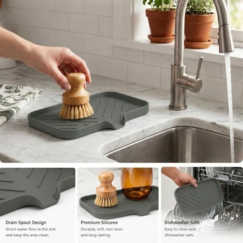 MicoYang Silicone Soap Dish with Drain Spout — Self-Draining Sink Organizer Tray for Bathroom & Kitchen, Sponges, Dispensers & Soap Holder, Non-Slip & Dishwasher Safe, Grey (Medium, 9.6"×5.3") - Image 3
