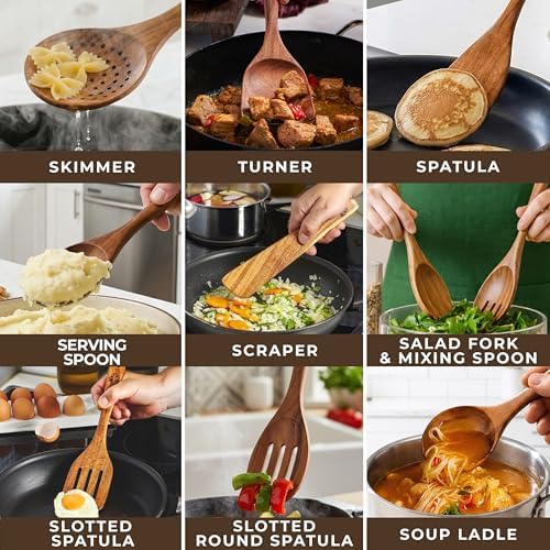 Wooden Spoons for Cooking 10 Pcs, Teak Utensil Set with Hanging Hooks - Image 4