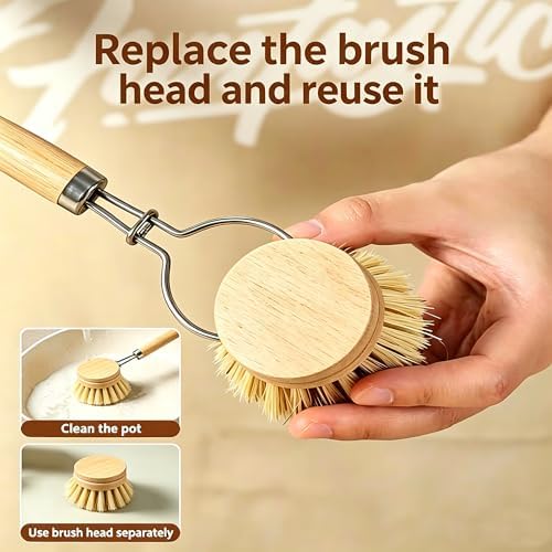 Bamboo Dish Brush with 3 Replacement Heads, Plastic-Free Kitchen Scrub Brush with Long Handle, Natural Sisal Bristle Bamboo Brush for Pans, Dishes, Pot,Veggie and Fruit - Image 4