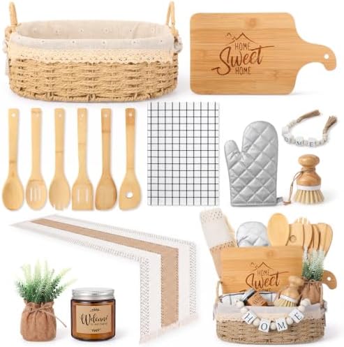 Qinyoung 17 Pcs Housewarming Gifts, Farmhouse Kitchen Gift Basket for New Homeowners, Real Estate Agent Closing Gifts for House Buyers with Home Basket, Cutting Board, Table Runner Gift by Qinyoung