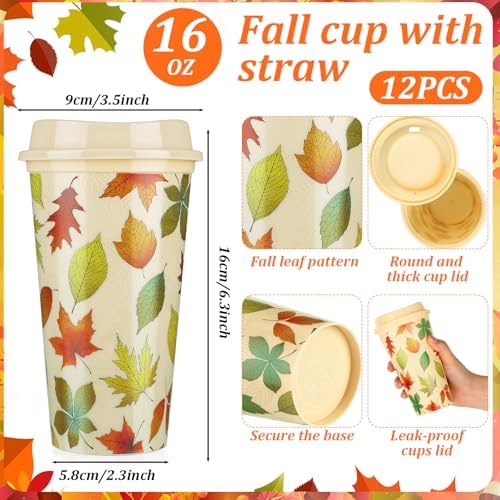 LemonRoad 12 Pack Thanksgiving Fall Reusable Coffee Cups Gift for Women 16 oz Tumblers with Lid Plastic Cups Travel Mug Thank You Gifts for Autumn Hot and Cold Drinks (Maple Leaf Style) - Image 2