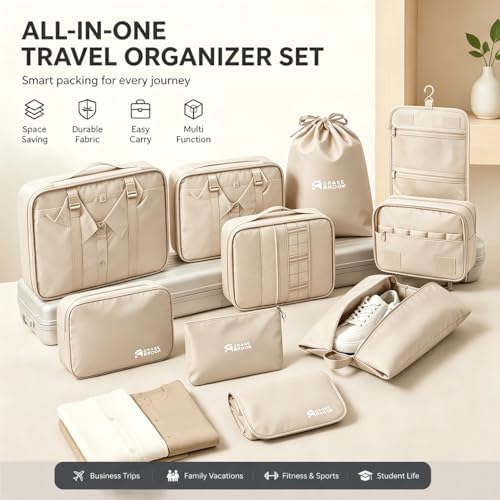 8 Set Packing Cubes for Travel Essentials With Hanging Toiletry Bag for Women, Lightweight Suitcase Organizer Bags with Mackup bag, Carry-On Luggage Accessories (Beige) - Image 3