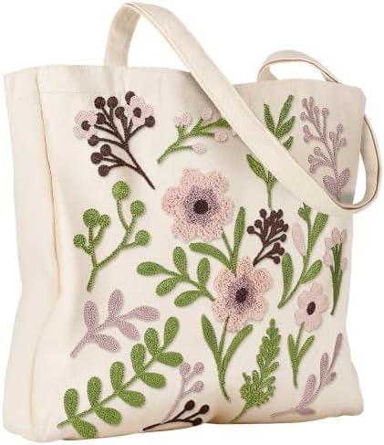 Floral Embroidery Canvas Tote Bag with Magnetic Closure for Daily by VelvetHue