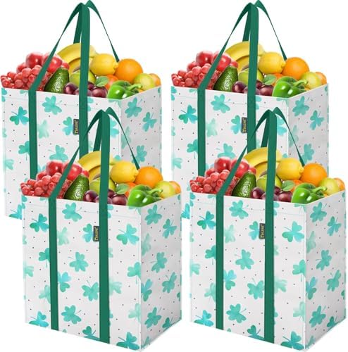 BALEINE 4 PK Grocery Bags Reusable Shopping Bags with Reinforced Bottom, Heavy Duty Foldable Tote Bags (Clover) by BALEINE