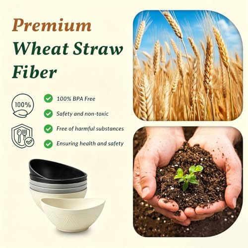 Homienly Wheat Straw Bowls 26 OZ Serving Bowls Oval Serving Dishes for Salad, Dinner, Cereal, Snack, Prep, Dessert Bowls Set Unbreakable Camping Bowls Microwave & Dishwasher Safe (6 PCS Grey Stone) - Image 3
