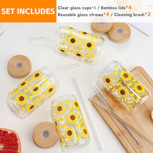DWTS DANWEITESI Glass Cups with Lids and Straws with Design Sunflower 4 pcs,Clear Glass Cups 16 oz-Drinking Glasses Set,Glass Tumbler,Cute Design Glass Iced Coffee Cups with Lids and Straws 480ml - Image 4