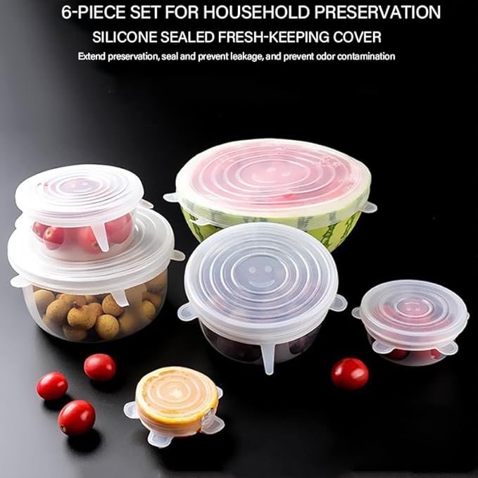 Reusable Silicone Stretch-Lid Set – 6 Sizes (2.4″-7.1″), Crystal-Clear, BPA-Free, Airtight Food-Saver Covers for Bowls, Cans, Half Fruit & Veg | Microwave, Freezer & Dishwasher Safe – 65 g Pack