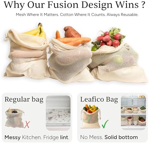 LEAFICO Reusable Produce Bags – 100% Cotton Mesh & Solid Hybrid (XL 14x18 inch 6 Pcs) – Extra Large Bags for Potatoes, Laundry, Toys, Bulk Storage – Washable, Plastic-Free, Breathable, Zero Waste - Image 4
