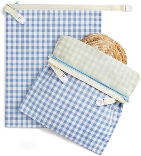 BRONYPRO Reusable Beeswax and Linen Bread Bags with Zipper, 2-Pack Waxed Bread Bags for Homemade Bread & Sourdough, Sustainable Loaf Storage to Lock in Freshness, Large 17x12.6in, Blue Gingham by Bronypro