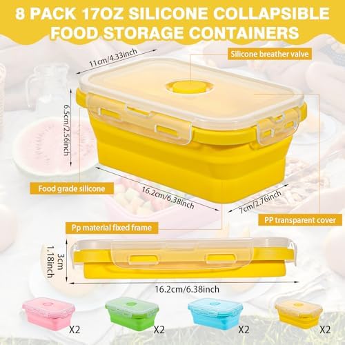 8 Pcs silicone food storage containers, 17 Oz/500 Ml Silicone Bowls for Camping with Airtight Lids, BPA-Free Square Bowls for Meal Prep, Freezer Dishwasher Microwave Safe, 4 Colors - Image 2