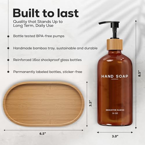 Amber Glass Hand and Dish Soap Dispenser Set by Brighter Barns - Kitchen Soap Dispenser Set with Tray - Bamboo Pump Bottles for Kitchen Sink - Modern Home Decor, Neutral Decor for Airbnb, Gift (Amber) - Image 3