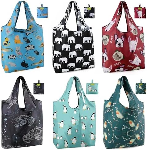 BeeGreen Animal Reusable Shopping Bags Cute Grocery Bag 6 Pack, Christmas Gift Bags Heavy-Duty Foldable Shopping Totes for Supermarket, Work & Travel, Large Washable Polyester Tote Bag with Handles by BeeGreen