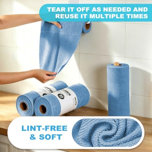 Puomue 55 Pack Microfiber Cleaning Cloth Roll, Tear Away Reusable Towels, 11" x 9", Ultra Absorbent & Lint Free Microfiber Cloth for Cleaning, Kitchen, Window, and Shop (Navy Blue, 9”x11”-55PK) - Image 4