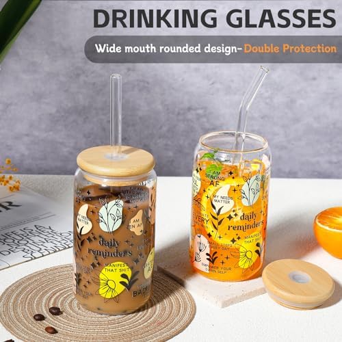 DWTS DANWEITESI Glass Cups with Lids and Straws with Design 4 pcs（Daily Reminder）,Clear Glass Cups 16 oz-Glass Tumbler,Cute Design Glass Iced Coffee Cups Mental Health Positive 480ml - Image 3