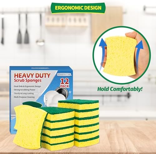 Heavy Duty Sponges, 12 Pack Cellulose Scrub Sponge, Dual-Sided Kitchen Sponge, Multipurpose Sturdy Ergonomic Design for Kitchen Dishwashing, Uncoated Cookware, Sink, and Countertops - Image 7