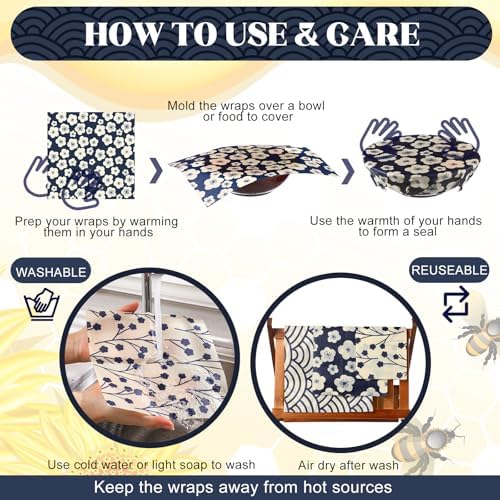 Tigeen 9 Pack Reusable Beeswax Wrap for Food Chinoiserie Beeswax Paper for Sourdough Bread Cheese Paper Wrapping Wax Cloth Food Wraps Bread Sandwich Wrapper 1 XL 3 Medium 5 S(Beige,Japanese) - Image 6