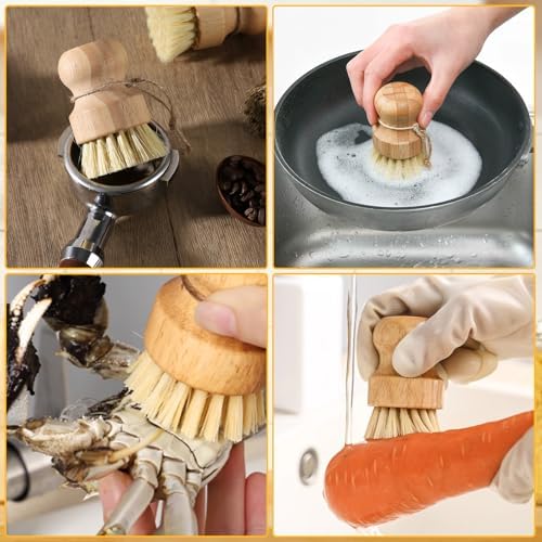 Bamboo Dish Brush,2PCS Wood Dishes Scrub Brush,Kitchen Dish Brush Natural Sisal Bristles with Hook for Cleaning Dishes,Sink, Cast Lron Pan/Pot - Image 6