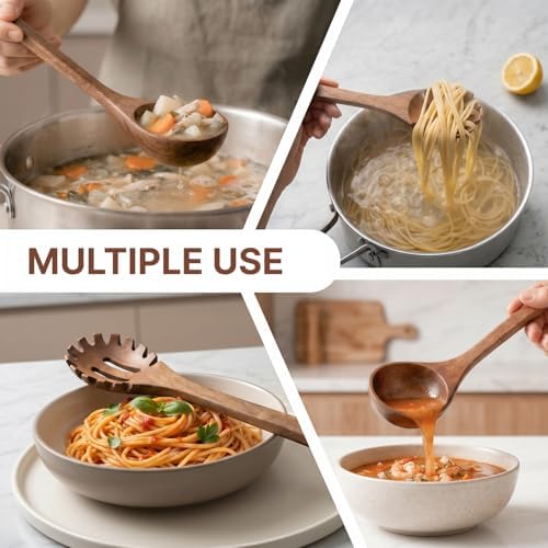 Koppen Dishwasher Safe Acacia Wood Soup Spoon & Pasta Spoon Set, 2 Pcs Non Toxic Wooden Kitchen Utensils for Nonstick Cookware, Wood Soup Ladle and Pasta Server, Heat Resistant, Smooth Grip - Image 7