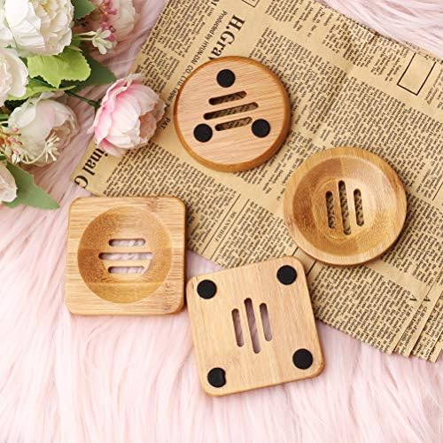 SUMAJU 4 Pcs Wooden Soap Holders Bathroom Soap Dish Natural Bamboo Soap Holder Square & Round Soap Dishes for Home Bathroom - Image 4