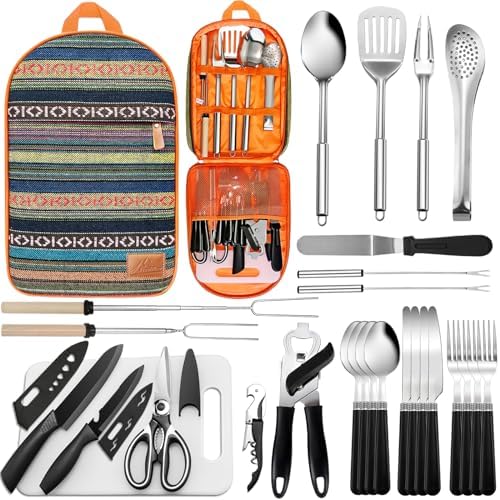 Portable Camping Kitchen Utensil Set-27 Piece Cookware Kit, Stainless Steel Outdoor Cooking and Grilling Utensil Organizer Travel Set Perfect for Travel, Picnics, RVs, Camping, BBQs, Parties and More by Freehiker