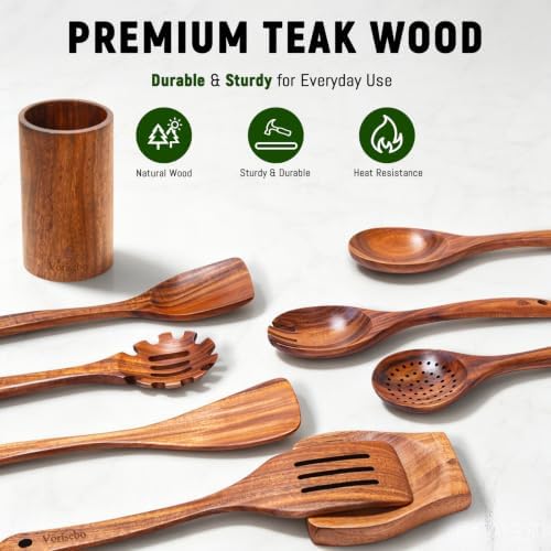 9 Pcs Teak Wooden Utensils Set, Wooden Spoons for Cooking - Image 4