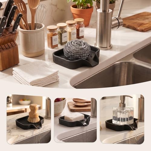 MicoYang Silicone Soap Dish with Drain Spout, Self-Draining Sink Organizer Tray for Bathroom and Kitchen, Sponges, Dispensers and Soap Holder, Non-Slip and Dishwasher Safe, Black (Compact, 4.9"×3.2") - Image 3