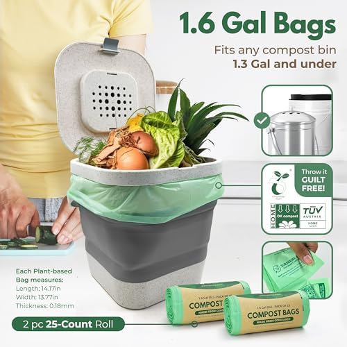AIRNEX Compostable Trash Bags & Charcoal Filters for Compost Bucket Value Pack for Clean & Odorless Composting - 50 Pcs Compostable Trash Bags Small 1.6 Gal & 3 Pcs Compost Bin Filters Charcoal 3.5" - Image 3