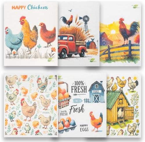 SWEDEdishcloths - Cellulose Sponge Dish Towels - Mixed Set of 6 (One of Each Design) Chickens Swedish Dish Cloths by SWEDEdishcloths