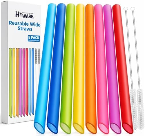 [Angled Tips] 8 Pcs Reusable Jumbo Wide Boba Straws & Smoothie Straws, Multi Colors Reusable Straw, BPA FREE Food-Grade Tritan Plastic Straw for Bubble Tea(Tapioca Boba Pearls) Milkshakes w/ 2 Brushes by HIWARE