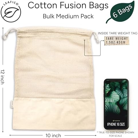 LEAFICO Reusable Produce Bags – 100% Cotton Mesh & Solid Hybrid (Medium 10x12 inch 6 Pcs) – Reusable Grocery Bags for Apples, Carrots, Bulk Vegetables – Washable, Plastic-Free, Breathable, Zero Waste - Image 2