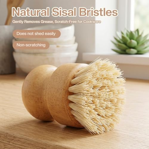 Wooden Dish Brush Handheld Bamboo Wok Brush Scrubber for Dishes Pans Pots Fruit and Veggie Washing(1,Beige) - Image 3