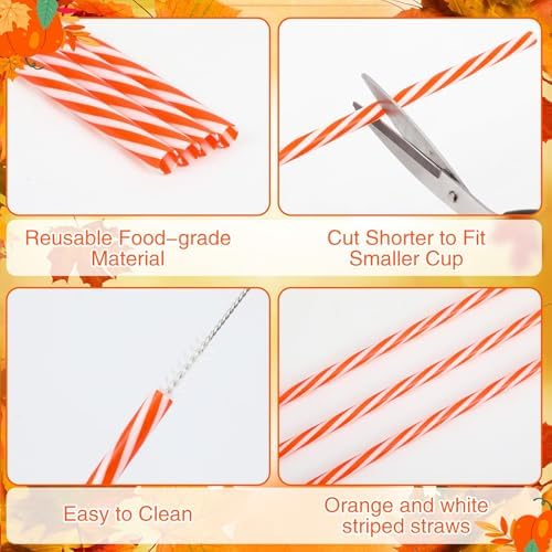 JANYUN 30 Pcs Reusable Orange and White Striped Straws with Cleaning Brush - Image 2