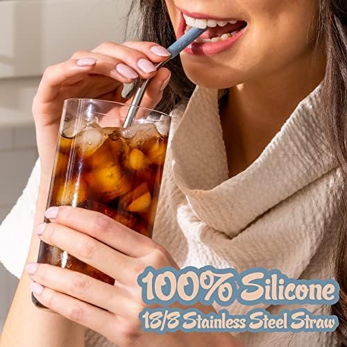 Softy Straws Premium Reusable Stainless Steel Drinking Straws With Silicone Tips + Patented Straw Cleaners and Carrying Case - 9” Long Metal With Curved Bend for 20/30/32oz Tumblers - Natural Colors - Image 3