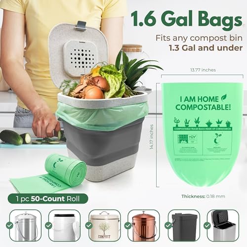 AIRNEX Small Compost Bags 1.6 Gal - 50 Compostable Kitchen Trash Bags for Countertop Bin - Cornstarch Leakproof & Tear-Resistant - OK Compost Home & Seedling Certified 0.18 mm Kitchen Garbage Bags - Image 2