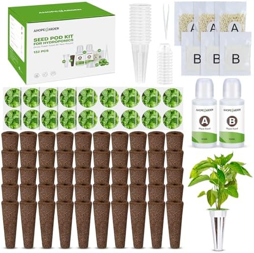 Ahopegarden 132pcs Hydroponic Pods Kit: Compatible with AeroGarden Herb Kits with 50 Grow Sponges, 50 Pods Lable, 12 Grow Baskets and Dome, 8 A&B Plant Food, Indoor Garden Kit Supplies for Most Brands by Ahopegarden