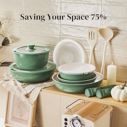Redchef 16pcs Ceramic Pots and Pans Set Non Stick, Nonstick Ceramic Cookware Set with Detachable Handle, Non Toxic, PFAS PFOA & PTFE Free RV Cookware for Camping, Dishwasher/Oven Safe (Green) - Image 5