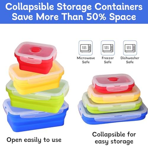 4 Collapsible Food Storage Containers, Silicone Food Storage Containers with Plastic Airtight Lids, Collapsible Storage Containers for Food Camping, Microwave Dishwasher Freezer Safe - Image 3