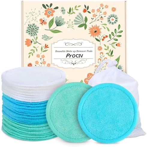 Reusable Makeup Remover Pads - 18 Packs Organic Reusable Cotton Rounds with Washable Laundry Bag for Toner Eco-Friendly Bamboo & Cotton Reusable Cotton Pads for Face All Skin Types (Blue-White-Green) by ProCIV