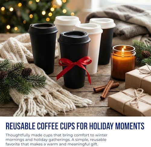 Rolling Sands USA Made 16 oz Reusable Coffee Cups with Lids 6 Pk, To Go Travel Cups, Hot or Cold Drinks, Dishwasher and Microwave Safe, White Cups, Black Lids - Image 2