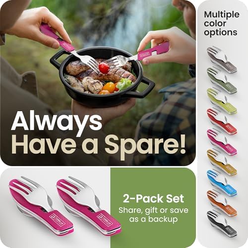Orblue 4-in-1 Camping Eating Utensils, 2-Pack - Portable Spoon, Fork, Knife & Bottle Opener Combo Set - Stainless Steel Flatware with Detachable Fork - Travel, Backpacking Cutlery Multitool, Hot Pink - Image 6